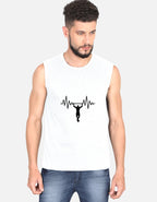 Man wearing a white sleeveless shirt with a black graphic design on a plain background