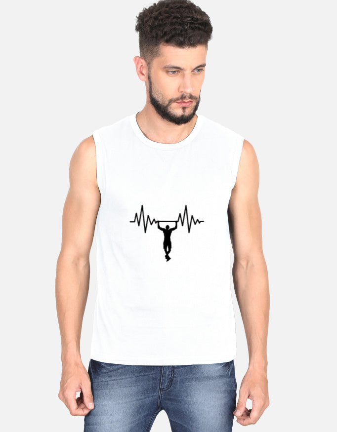 Man wearing a white sleeveless shirt with a black graphic design on a plain background