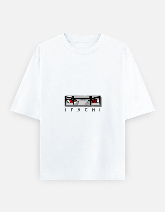 A white short-sleeve crewneck t-shirt featuring a graphic of the anime character Itachi Uchiha's eyes and the name 'ITACHI' printed below, displayed on a light gray background.