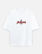 A white short-sleeve crewneck t-shirt with a red and black stylized 'SURUNA' logo printed on the chest, displayed against a light gray background.