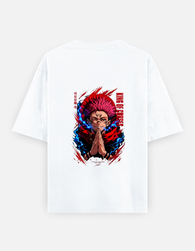 A white short-sleeve t-shirt shown flat against a light gray background, featuring a large graphic print on the back of an anime character with red and blue hair sukuna