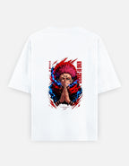 A white short-sleeve t-shirt shown flat against a light gray background, featuring a large graphic print on the back of an anime character with red and blue hair sukuna