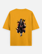 A yellow short-sleeve t-shirt with a graphic print of the anime character Madara Uchiha from Naruto, shown against a light gray background.